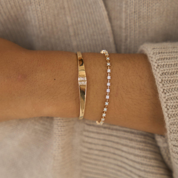 White Gold-2^Diamond Cuff Bracelets: Sadie Pearl Tapered Baguette Gold Cuff in White Gold