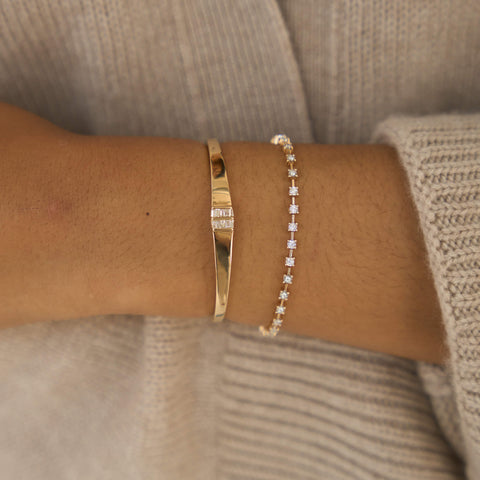 Yellow Gold-2^Diamond Cuff Bracelets: Sadie Pearl Tapered Baguette Gold Cuff in Yellow Gold