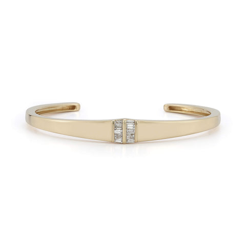 Yellow Gold-1^Diamond Cuff Bracelets: Sadie Pearl Tapered Baguette Gold Cuff in Yellow Gold