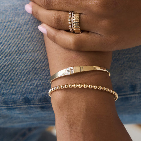 Yellow Gold-3^Diamond Cuff Bracelets: Sadie Pearl Tapered Baguette Gold Cuff in Yellow Gold