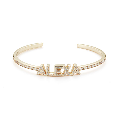 Yellow Gold-1^Diamond Cuff Bracelets: DRD Diamond Name Cuff in Yellow Gold