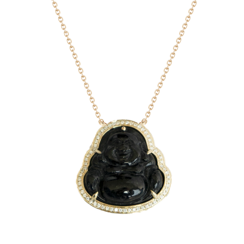 Buddha Necklace: Dana Rebecca Black Jade carved Buddha with Diamond halo set in yellow gold