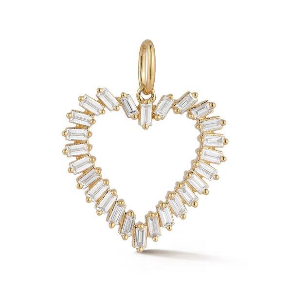 Yellow Gold-1^Designer Diamond Necklaces: Sadie Pearl Baguette Heart Charm in Yellow Gold