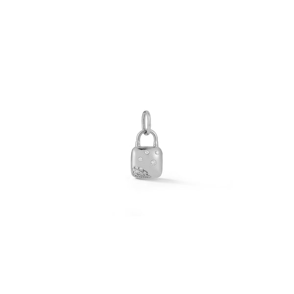 White Gold-1^Designer Diamond Necklaces: Cynthia Rose Scattered Diamond Lock Charm in White Gold