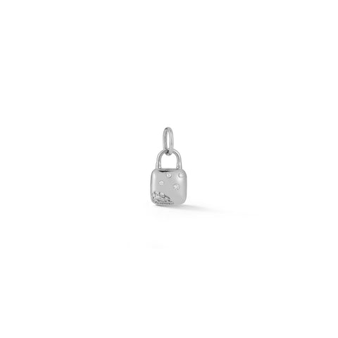 White Gold-1^Designer Diamond Necklaces: Cynthia Rose Scattered Diamond Lock Charm in White Gold