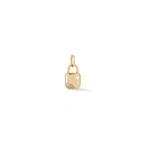 Yellow Gold-1^Designer Diamond Necklaces: Cynthia Rose Scattered Diamond Lock Charm in Yellow Gold