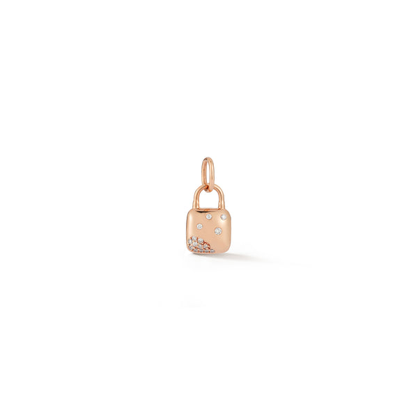 Rose Gold-1^Designer Diamond Necklaces: Cynthia Rose Scattered Diamond Lock Charm in Rose Gold