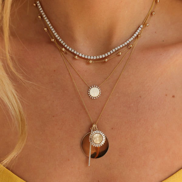 Rose Gold-3^Designer Diamond Necklaces: Teddi Paige Fluted Baguette Flower Charm in Rose Gold