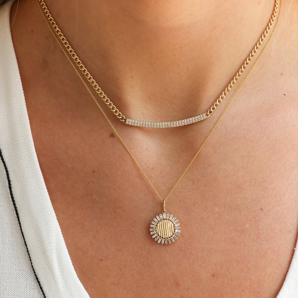 Yellow Gold-2^Designer Diamond Necklaces: Teddi Paige Fluted Baguette Flower Charm in Yellow Gold