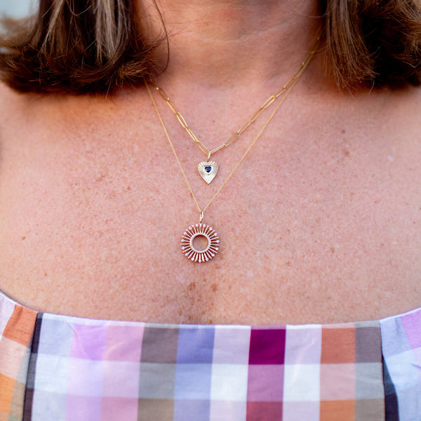 Yellow Gold-2^Designer Diamond Necklaces: Liz Adams x DRD Sapphire Heart Charm in Yellow Gold