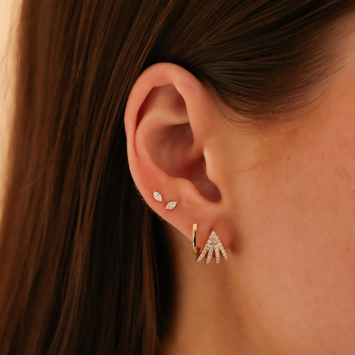 Rose Gold-2^Diamond Huggie Earrings: Sarah Leah Four Burst Huggies in Rose Gold