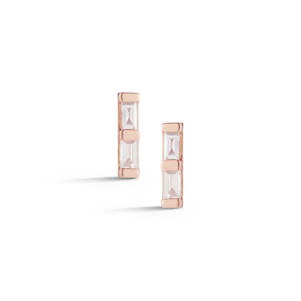 Rose Gold-1^Designer Stud Earrings: Sadie Pearl Double Baguette Studs in Rose Gold