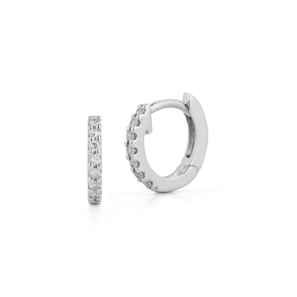 White Gold-1^Diamond Huggie Earrings: DRD Diamond Mini Huggies in 14K White Gold