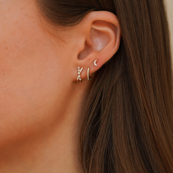 Rose Gold-2^Diamond Huggie Earrings: Ava Bea Crossover Mini Huggies in Rose Gold Thumbnail-only