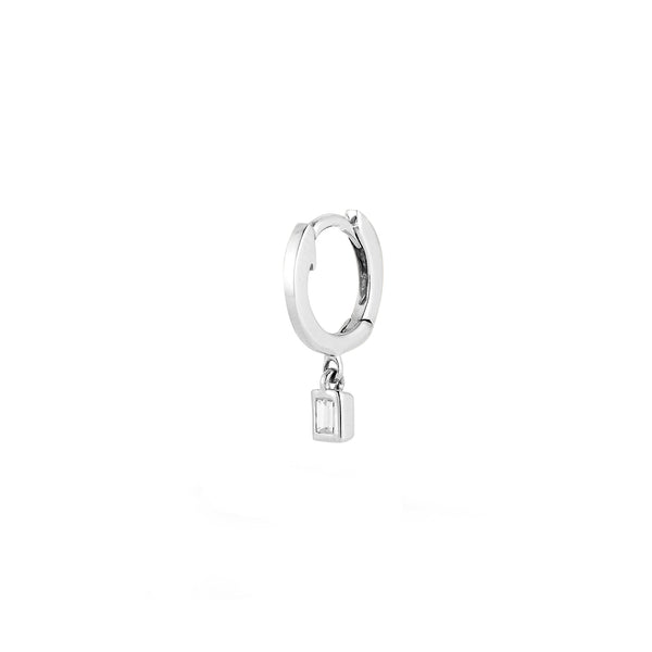 White Gold-1^Single Earrings: Sadie Pearl Baguette Bezel Drop Single Huggie in White Gold