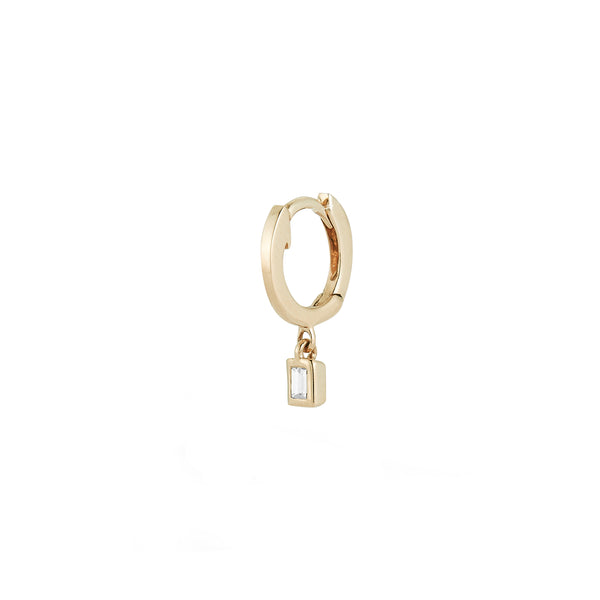 Yellow Gold-1^Single Earrings: Sadie Pearl Baguette Bezel Drop Single Huggie in Yellow Gold