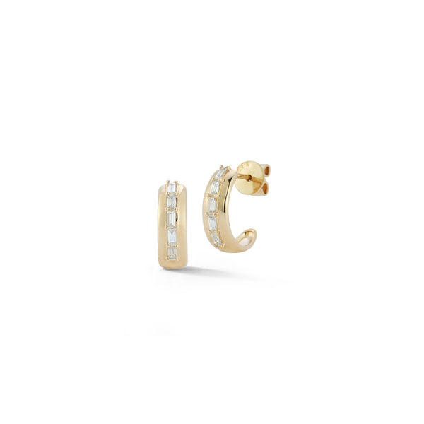 Yellow Gold^1-Diamond Huggie Earrings:Sadie Pearl Baguette Medium Huggies in Yellow Gold