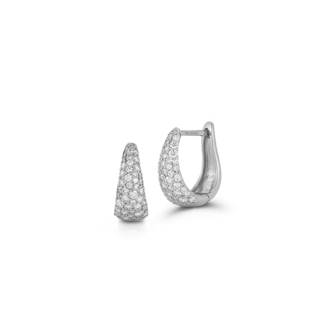 White Gold-1^Diamond Huggie Earrings: DRD Large Tapered Hoops In White Gold