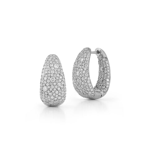 White Gold-1^Diamond Huggie Earrings: DRD Jumbo Tapered Hoops In White Gold