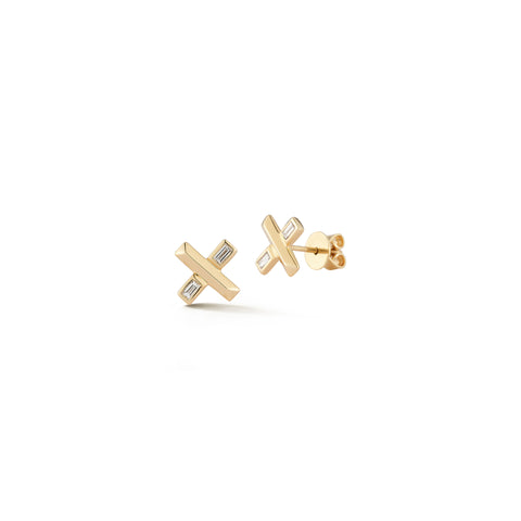 Yellow Gold-1^Designer Stud Earrings: Reese Brooklyn Knife Edge X Stud in Yellow Gold