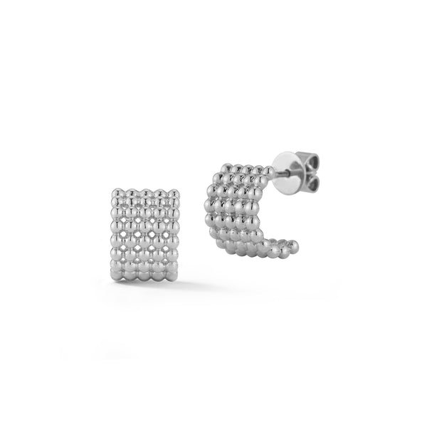 White Gold-1^Diamond Huggie Earrings: Poppy Rae Pebble Row Hoops in White Gold