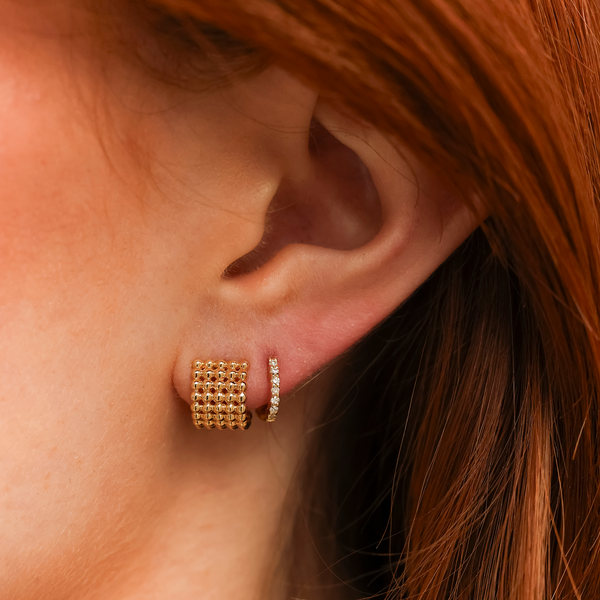 Yellow Gold-2^Diamond Huggie Earrings: Poppy Rae Pebble Row Hoops in Yellow Gold