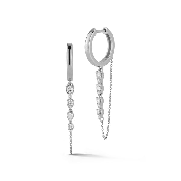 White Gold-1^Diamond Huggie Earrings: Sophia Ryan Graduating Teardrop Chain Huggies in White Gold