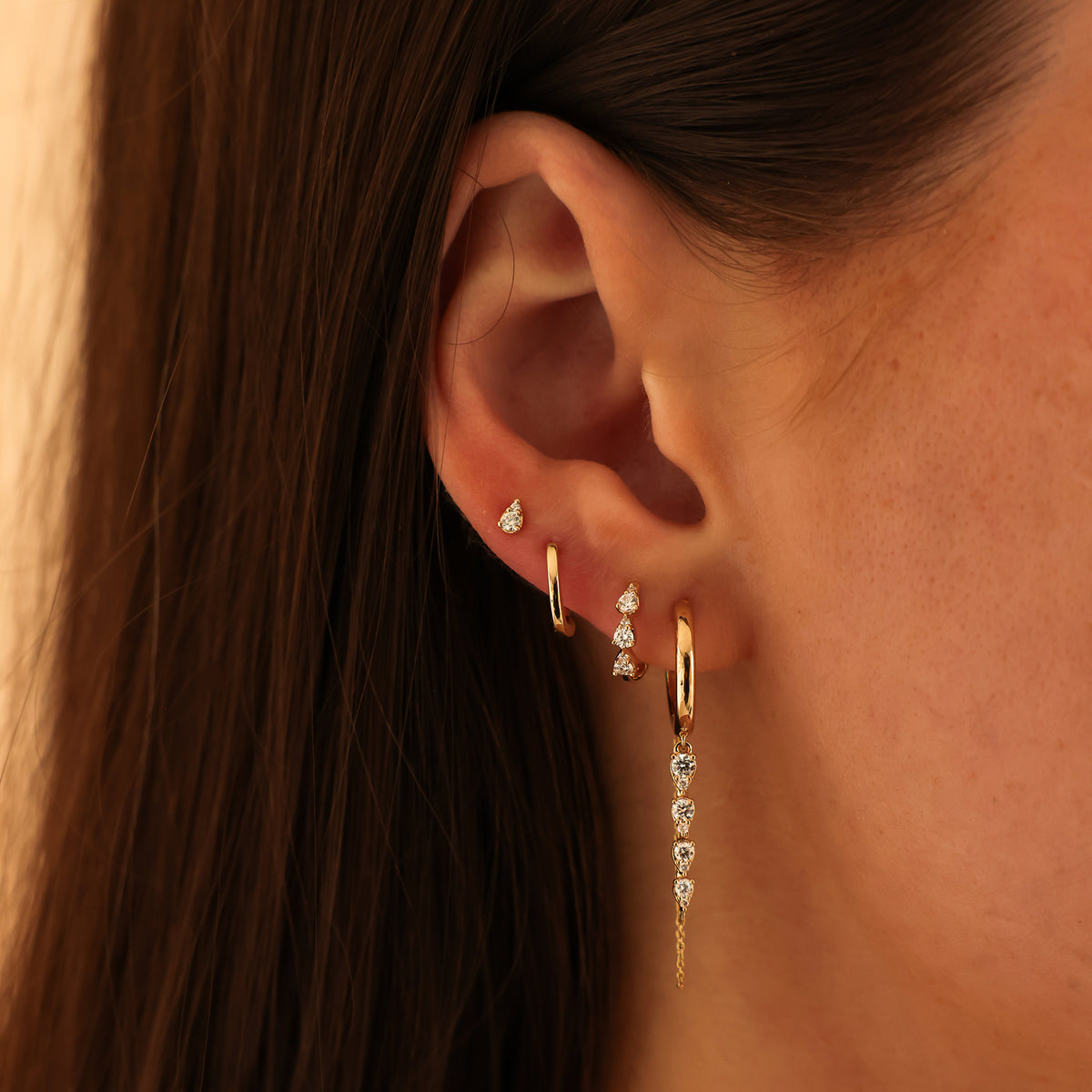 Yellow Gold-2^Diamond Huggie Earrings: Sophia Ryan Graduating Teardrop Chain Huggies in Yellow Gold