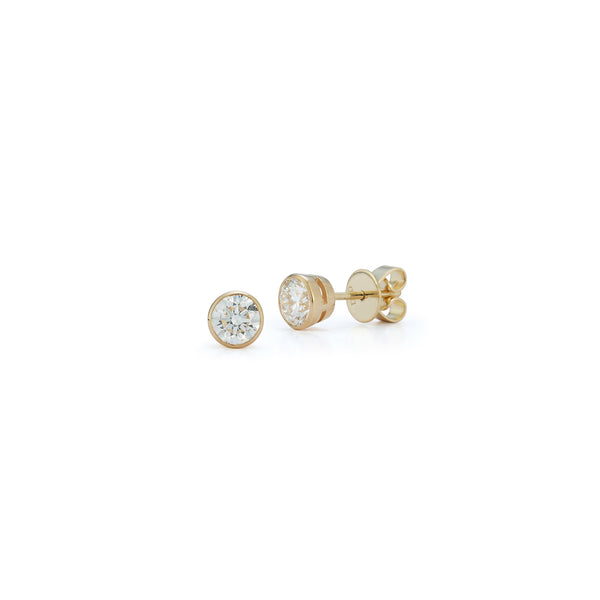 Yellow Gold-1^Designer Stud Earrings: DRD Round Bezel Set Solitaire Studs 0.80 Ct. Total Weight in Yellow Gold