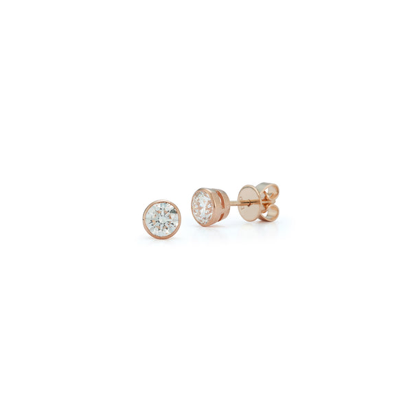 Rose Gold-1^Designer Stud Earrings: DRD Round Bezel Set Solitaire Studs 0.80 Ct. Total Weight in Rose Gold