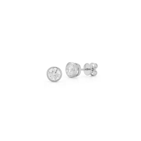 White Gold-1^Designer Stud Earrings: DRD Round Bezel Set Solitaire Studs 1.00 Ct. Total Weight in White Gold