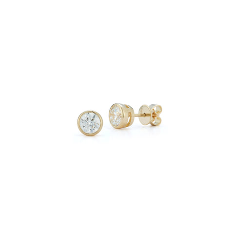 Yellow Gold-1^Designer Stud Earrings: DRD Round Bezel Set Solitaire Studs 1.00 Ct. Total Weight in Yellow Gold