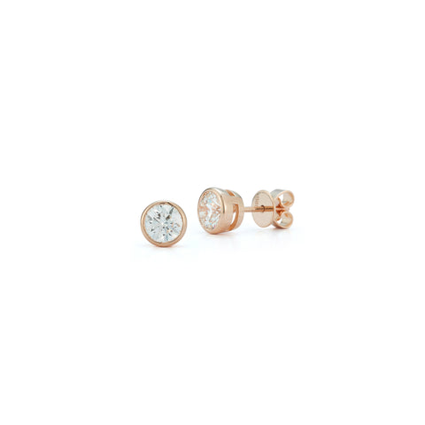 Rose Gold-1^Designer Stud Earrings: DRD Round Bezel Set Solitaire Studs 1.00 Ct. Total Weight in Rose Gold