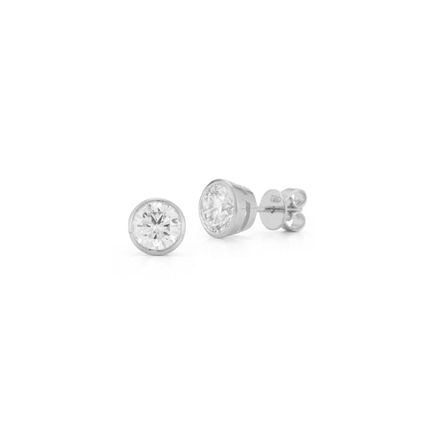 White Gold-1^Designer Stud Earrings: DRD Round Bezel Set Solitaire Studs 1.80 Ct. Total Weight in White Gold