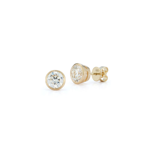 Yellow Gold-1^Designer Stud Earrings: DRD Round Bezel Set Solitaire Studs 1.80 Ct. Total Weight in Yellow Gold