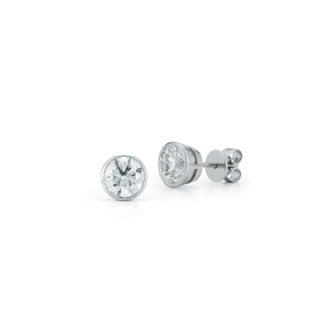 White Gold-1^Designer Stud Earrings: DRD Round Bezel Set Solitaire Studs 2.00 Ct. Total Weight in White Gold