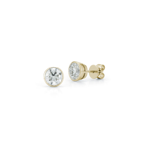 Yellow Gold-1^Designer Stud Earrings: DRD Round Bezel Set Solitaire Studs 2.00 Ct. Total Weight in Yellow Gold