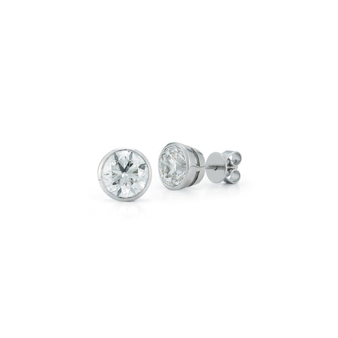 White Gold-1^Designer Stud Earrings: DRD Round Bezel Set Solitaire Studs 2.40 Ct. Total Weight in White Gold