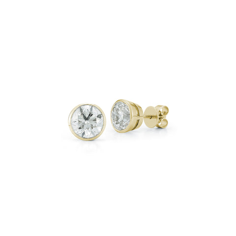 Yellow Gold-1^Designer Stud Earrings: DRD Round Bezel Set Solitaire Studs 2.40 Ct. Total Weight in Yellow Gold