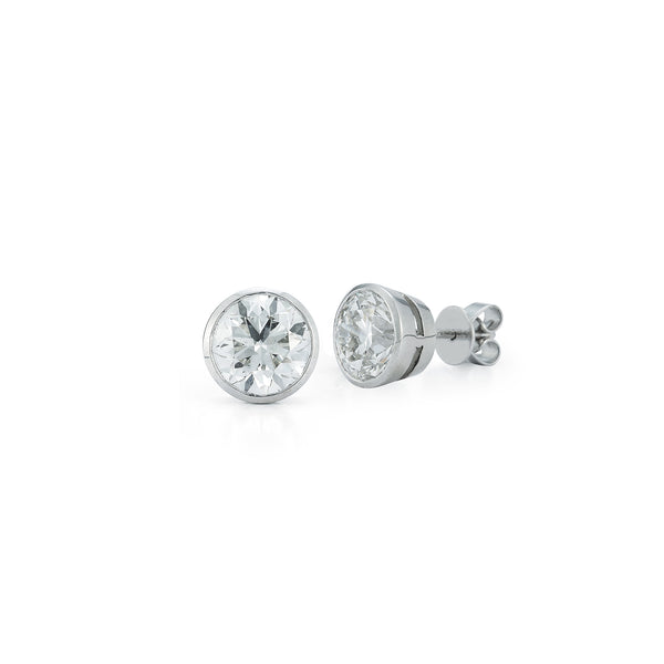 White Gold-1^Designer Stud Earrings: DRD Round Bezel Set Solitaire Studs 3.00 Ct. Total Weight in White Gold