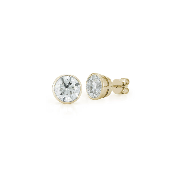 Yellow Gold-1^Designer Stud Earrings: DRD Round Bezel Set Solitaire Studs 3.00 Ct. Total Weight in Yellow Gold