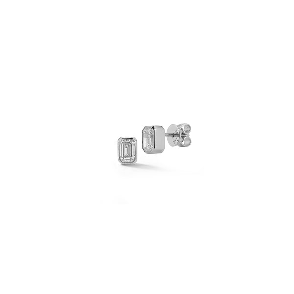 White Gold-1^Designer Stud Earrings: DRD Emerald Cut Bezel Set Diamond Studs 1.00 Ct. Total Weight in White Gold