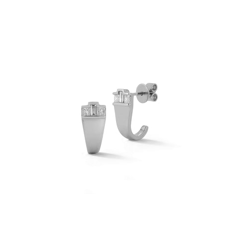 White Gold-1^Diamond Huggie Earrings: Sadie Pearl Baguette and Princess Cut Diamond Large Huggies in White Gold