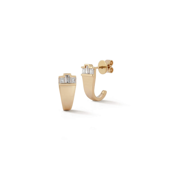 Yellow Gold-1^Diamond Huggie Earrings: Sadie Pearl Baguette and Princess Cut Diamond Large Huggies in Yellow Gold