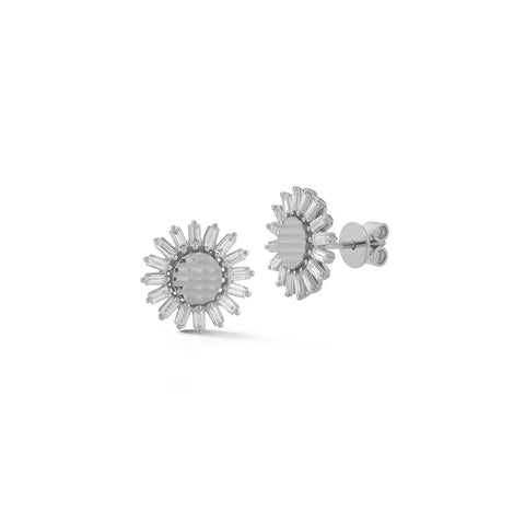 White Gold-1^Designer Stud Earrings: Teddi Paige Fluted Baguette Flower Studs in White Gold