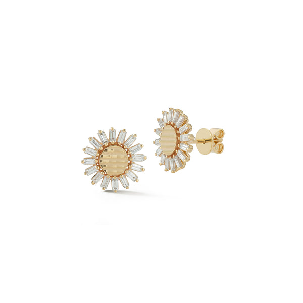 Yellow Gold-1^Designer Stud Earrings: Teddi Paige Fluted Baguette Flower Studs in Yellow Gold