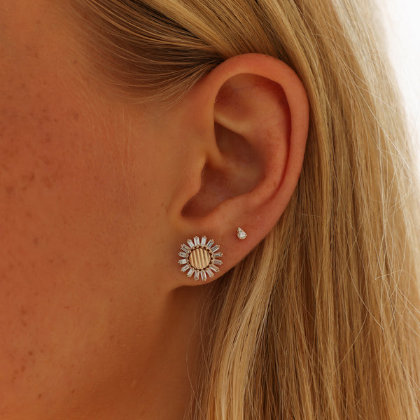 White Gold-2^Designer Stud Earrings: Teddi Paige Fluted Baguette Flower Studs in White Gold