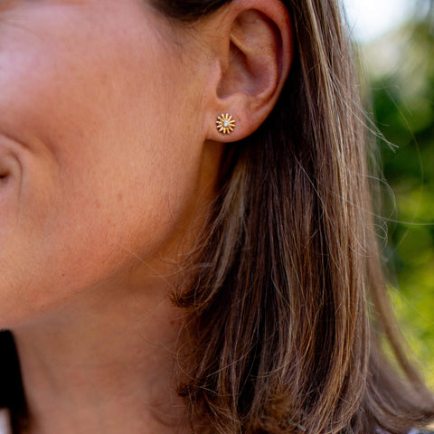 White Gold-2^Designer Stud Earrings: Liz Adams x DRD Mini Sunflower Studs in White Gold