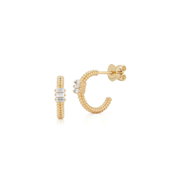 Yellow Gold^1-Diamond Hoop Earrings: Teddi Paige Coil Baguette Hoops in Yellow Gold