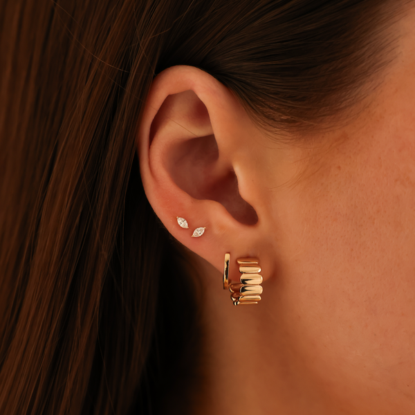 White Gold^2-Gold Huggie Earrings: Melody Eden Gold Bar Huggies in White Gold